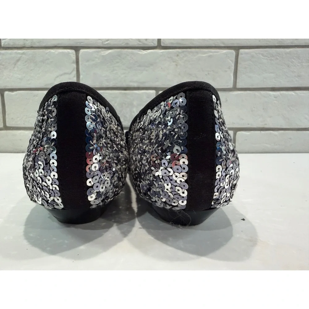 Beverly Feldman Sequin Bow Flats Womens Silver Black‎ Sparkle Pointed Toe Glam